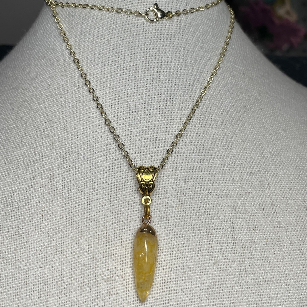 Yellow Jade Nugget Necklace Pendant Gold Plated Chain - Picture 8 of 15